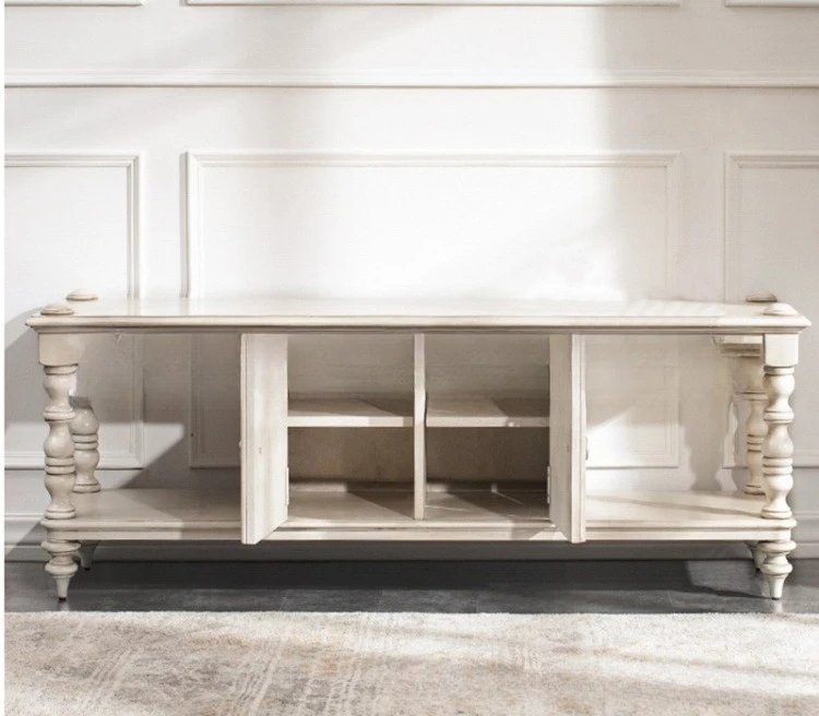 American solid wood coffee table, simple log carved white TV cabinet audio-visual cabinet, oak locker