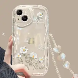 Flower Pearl Chain Lanyard 3D Wavy Curved Edge Phone Case For Iphone 15 14 13 12 11 Pro Max 15 Pro 15 14 Plus 13 Mini Soft Cover