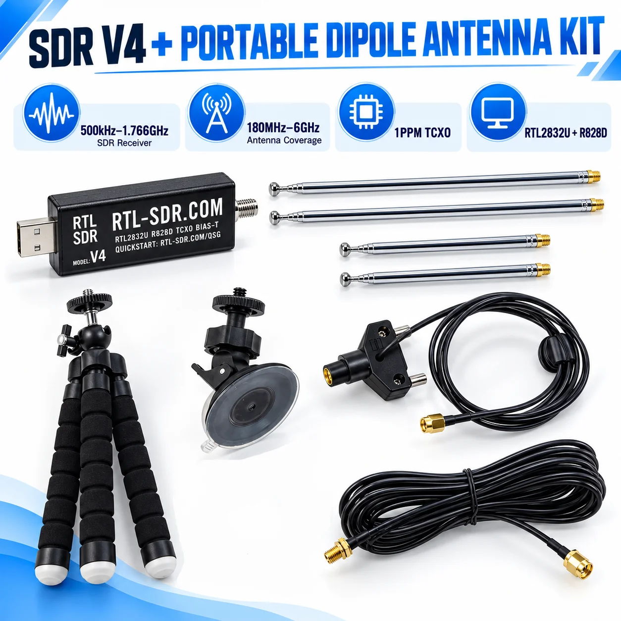 V4Software Defined Radio Receiver Kit 500kHz to 1.766GHz R828D Tuner 1PPM TCXO 180MHz to 6GHz Portable Telescopic Dipole Antenna