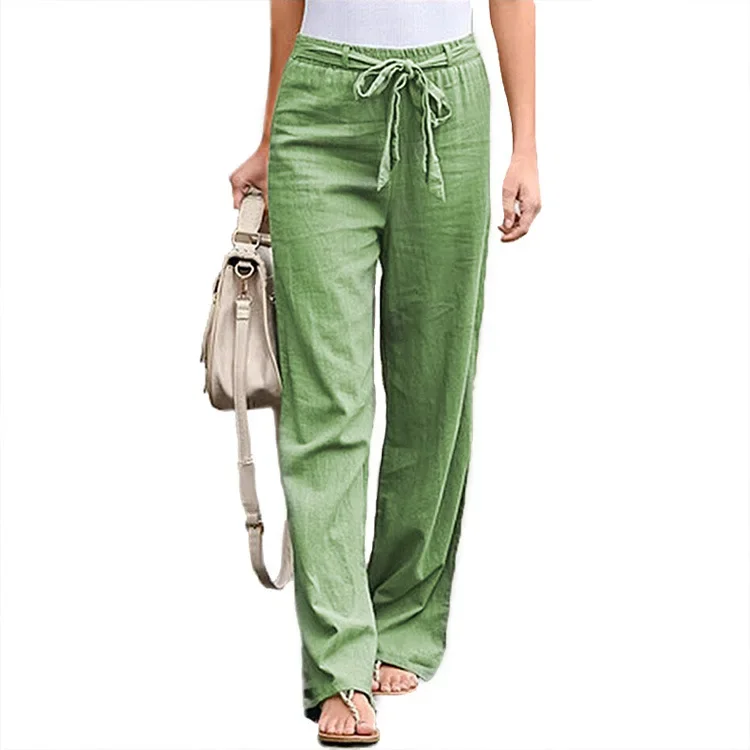 Women Cotton Linen Pants Fashion Solid Color Elastic Waist Loose Straight Pants Female Ankle-length Trousers Summer Casual Pants