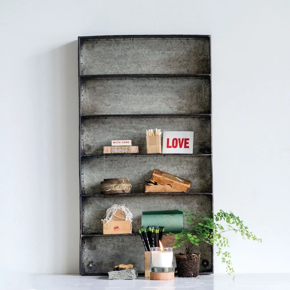 

Distressed Grey Metal 6 Tier Wall Shelf Organizer Books Decorative Items Indoor Storage Space Saving Solution