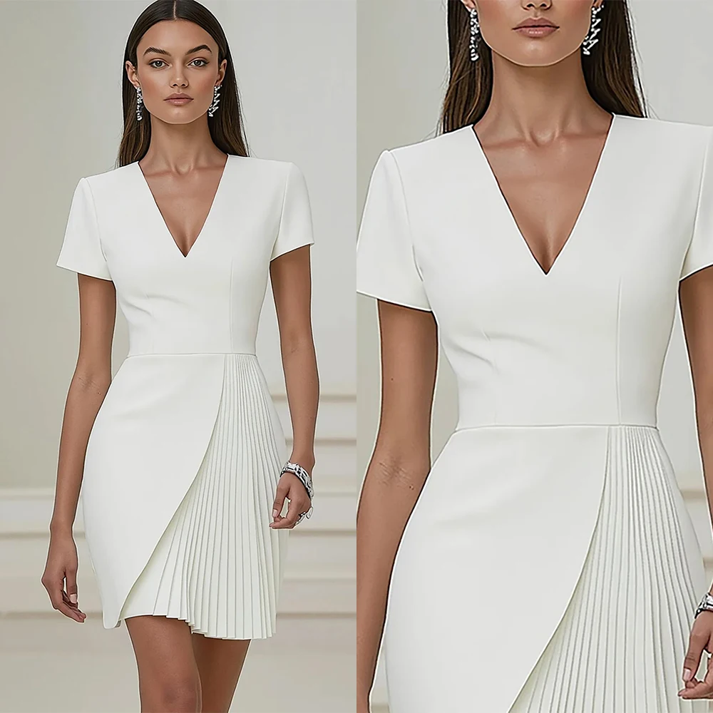 Customized V-neck Above Knee Short Sleeves Pleat White Vestidos Para Bodas Mujer Invitada Evening Dresses فساتين السهرة שמלות