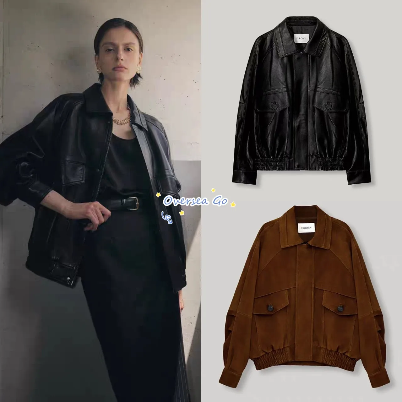 

ELBORN Retro Motorcycle Sle Color Zipper Collar Leather Jaet Coat Women's Loose Fit Long Sve Faion Outerwear