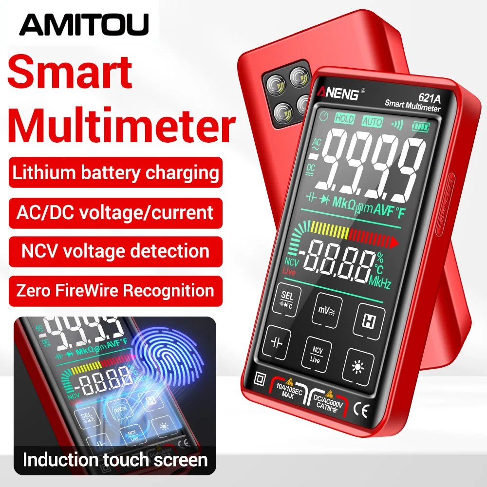 

AMITOU 621A Smart Digital Multimeter Touch Screen USB charging 9999 Count True RMS Auto Range Voltmeter temperature Test Meter