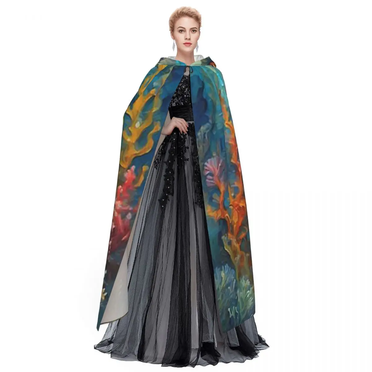 Seahorse Amongst Vibrant Corals And Swaying Seaweed Long Hooded Cloak Witch Costume Cosplay Cape HalloweenCoat Adult Unisex