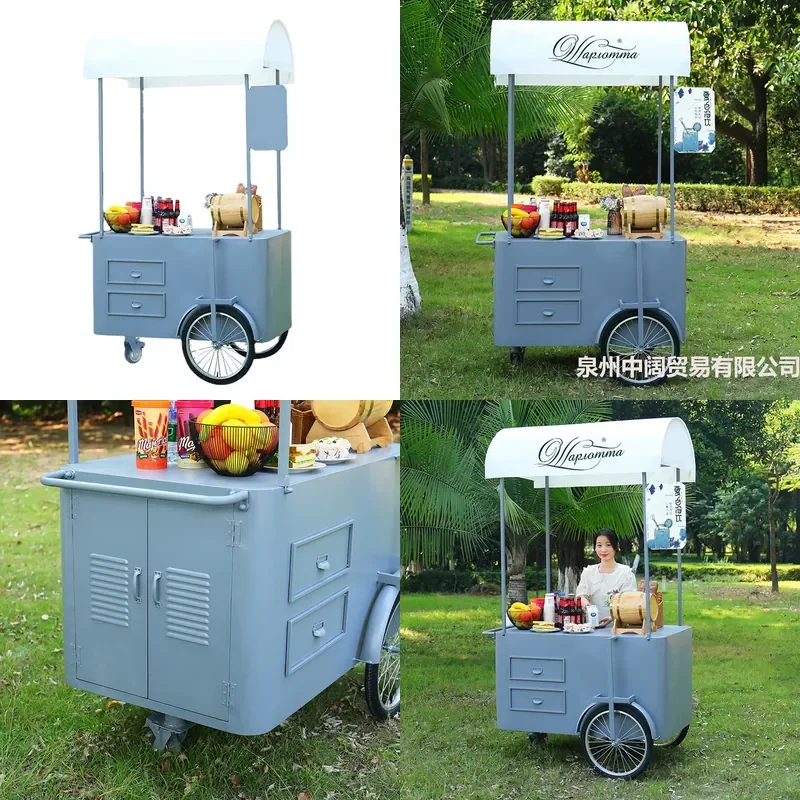 Mobile Wrought Iron Food Cart Outdoor Snack Stall Flower Display Push Truck for Night Market Mall Promotion Sales