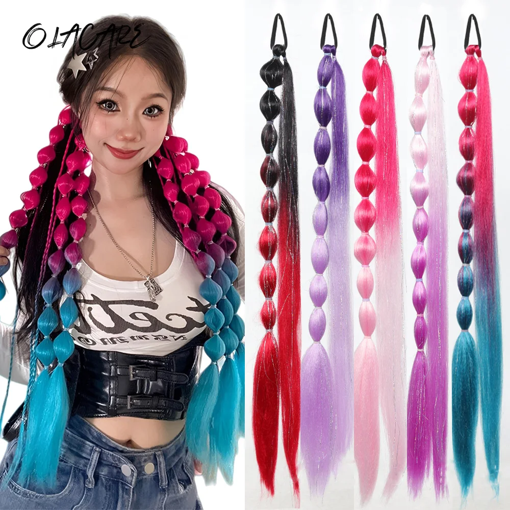 OLACARE Bubble Braid Wig Hair Ties Synthetic Colorful Sparkling Green for Women Girls Black Scrunchies Ponytail Hair Extensions