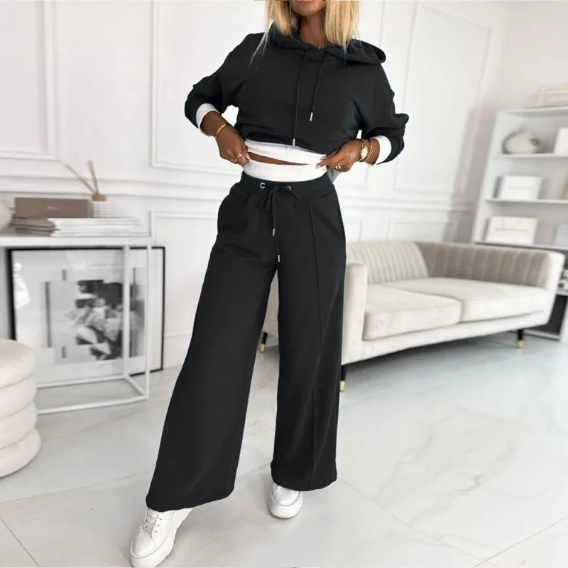 2024 Spring Autumn New Loose Sports Suit Women Long Sleeve Hooded Sweatshirt Drawstring High Waist Pocket Wide Leg Pants Suit