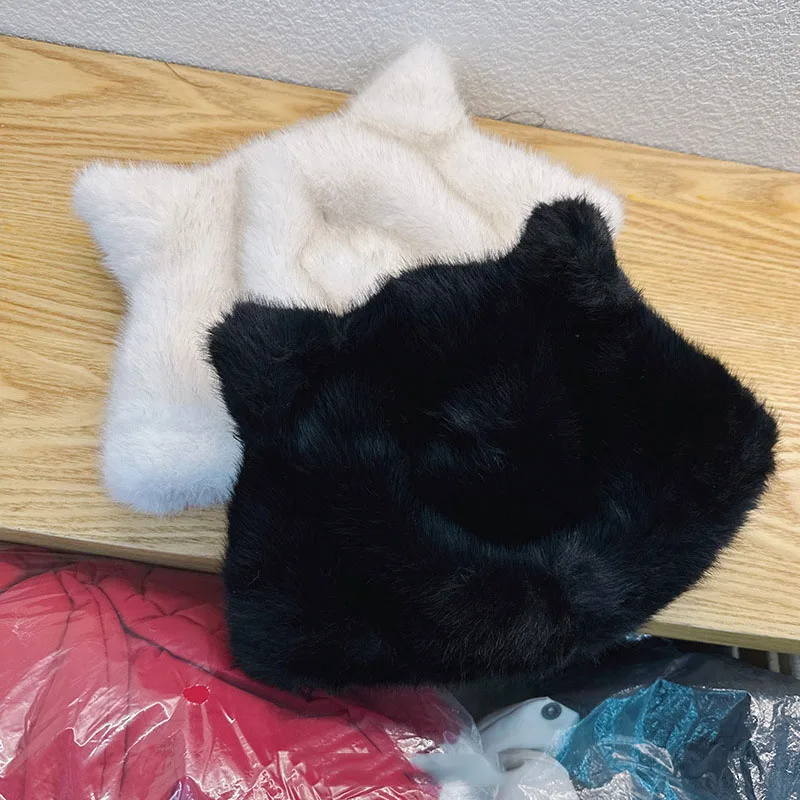 인기 스타 스타일 귀여운 고양이 귀 모양 인조 여우털 모자 여성 겨울 두꺼운 플리스 풀오버 캡 패션 비니 모자