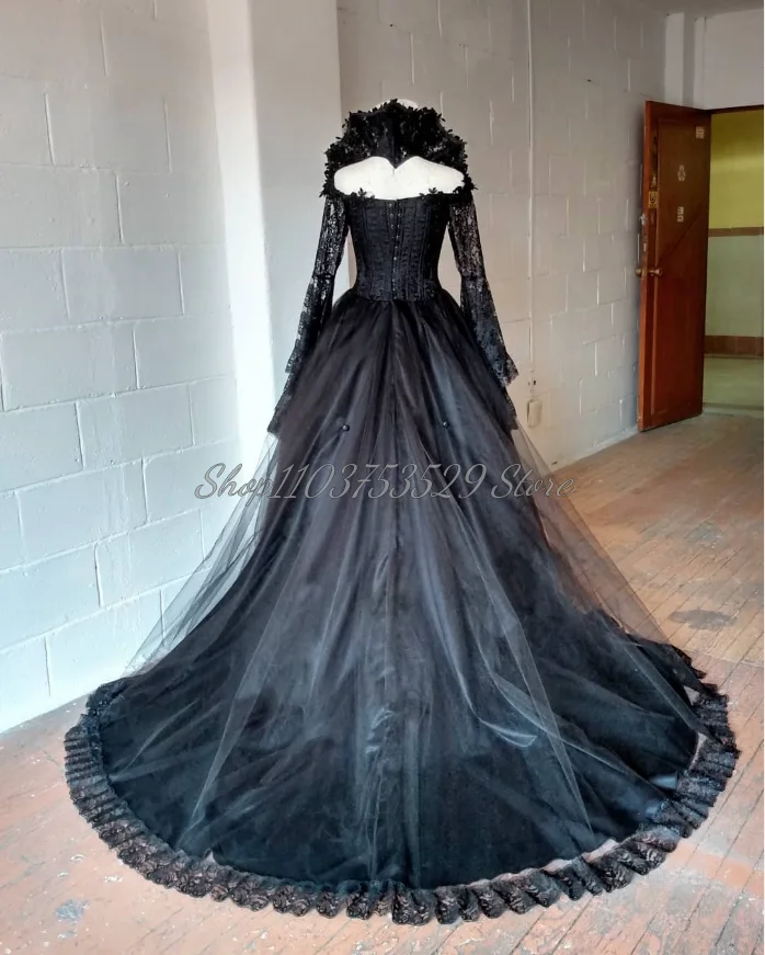 Classic Black Gothic Wedding Dress Medieval Vintage Lace Applique Victorian Corset Ruffle Tulle Tie Rococo Hochzeitspartykleid