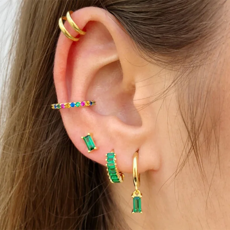 1PC New Stainless Steel Crystal Zirconia Small Hoop Earrings for Women Square Chain Pendant Cartilage Earring Piercing Jewelry