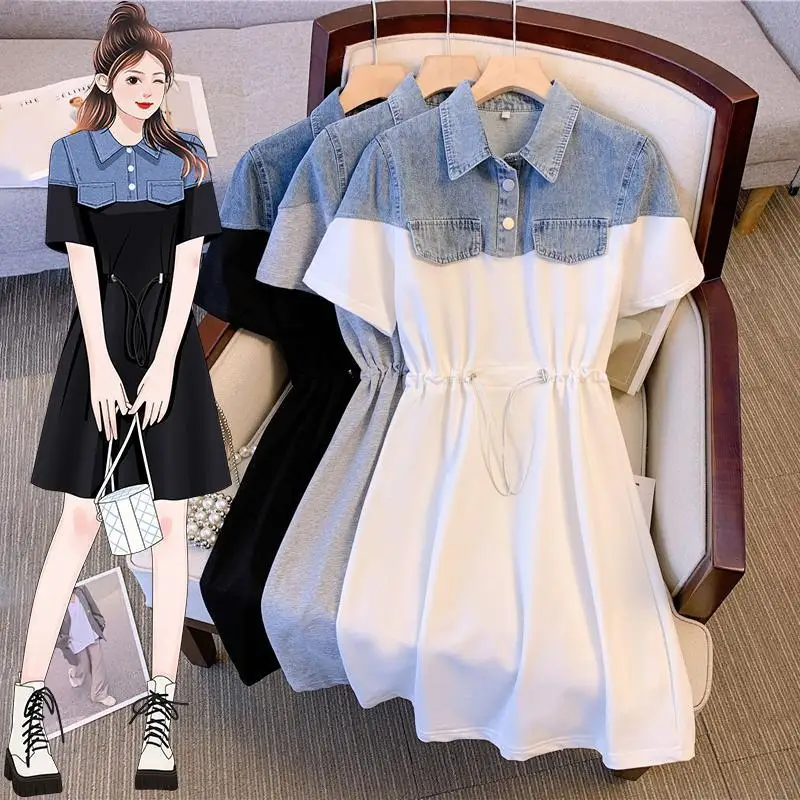 

Retro Denim Patchwork Dress for Women's 2023 Summer New Covered Belly Slimming Polo Neck Short Sleeved Drawstring Waist Up Skirt