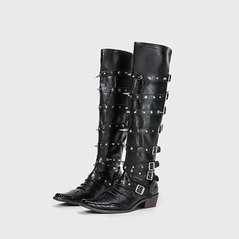 Fashion Rivet Metal Buckle Decoration Women Knee-High Knight Boots Autumn Winter Punk Gothic Leather Motorcycle Boots Shoes