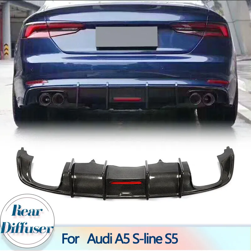 Car Rear Bumper Diffuser Lip Spoiler for Audi A5 S-line S5 2017-2019 Carbon Fiber Racing Rear Diffuser With LED Light