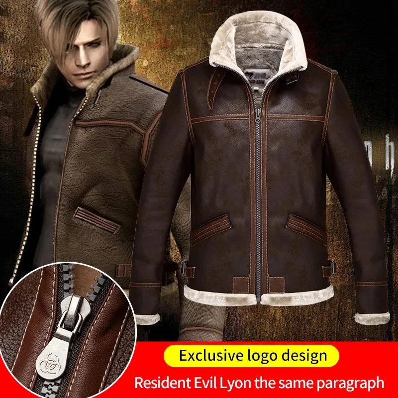 Biohazard Resident Leon S Kennedy Evil Costume Leather Coat Jacket Cosplay PU Faur Jacket Long-sleeve Winter Outerwear Men Boy