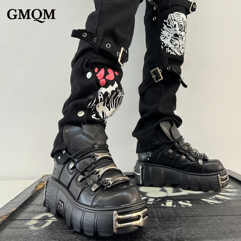 GMQM Designer Fashion Women\'s Ankle Boots Platform Pumps Rock Gothic Punk Style Motorcycle Boots Y2k Cosplay Metal Decoration