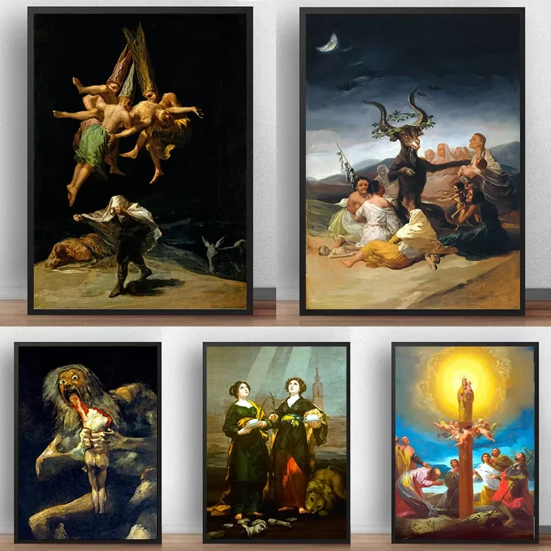 Póster Vintage de Witches Sabbath Francisco Goya, pintura en lienzo antigua, imagen artística de pared, decoración con estampado de cabra con cuernos de diablo y Satán