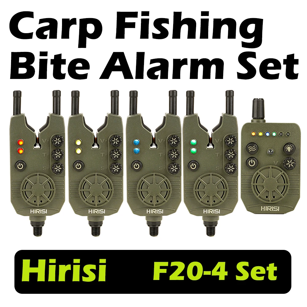 Hirisi F20-4 Drahtloser Karpfen-Bissalarm 1+4 Empfänger-Set 300M Reichweite Snag Ear Lautsprecher Armeegrün Einstellbare Lautstärke und Ton – Detail 1