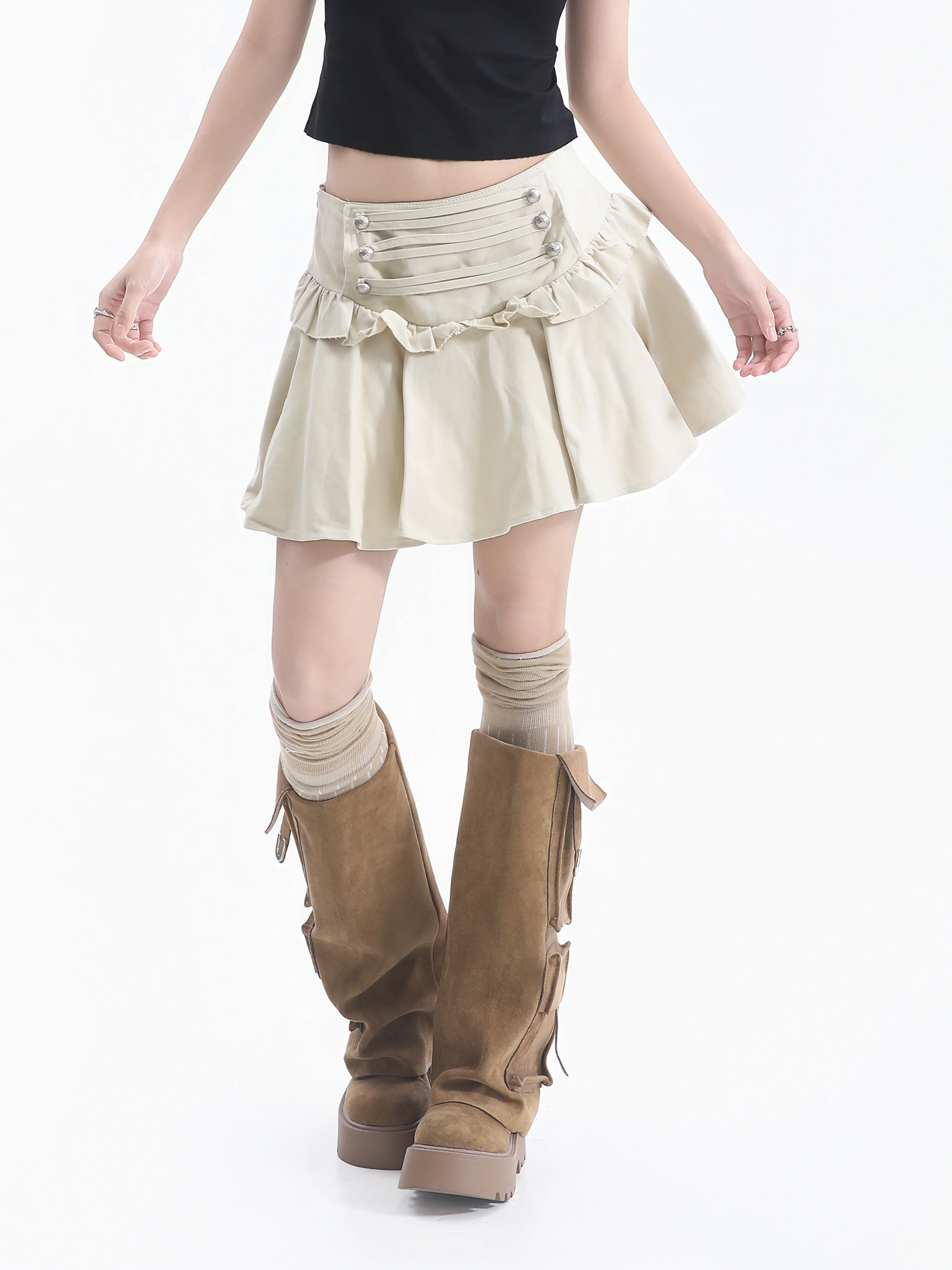 American Style Cool Sweet Short Skirt Women's Design Slimming  Pleated Skirt Double Row Buttons Wooden  Detail