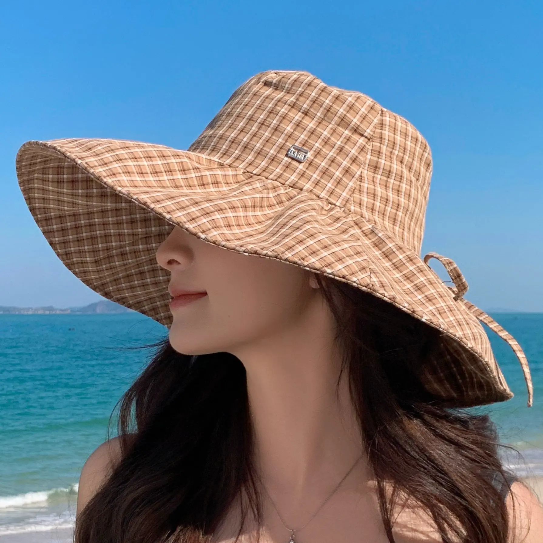 

Women's Summer Wide-Brimmed Boater Hat: Checked, Boho-Style Sun Hat for Outings and Sun Protection – Fashionable Sun Hat
