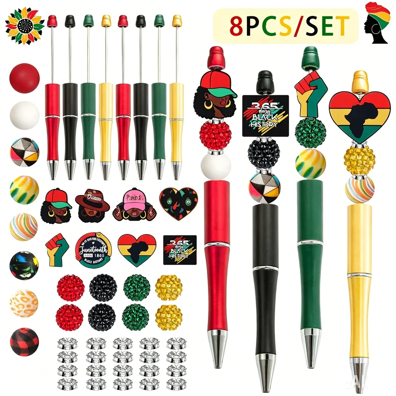 

8PCS Liberation Day Beaded Ballpoint Pens June Day Declaration of Independence Theme DIY Beaded Pen for Writing Set Stationery