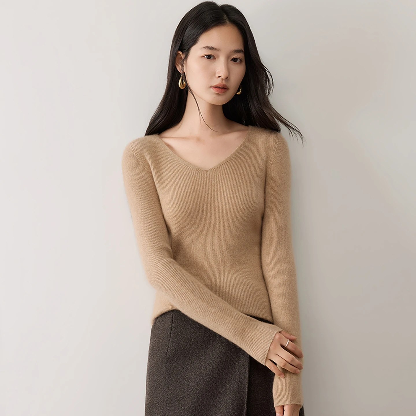 Simple Women's Sweater 100% Cashmere Pullover Knitwear V-neck Soild Seamless Slim Fit Basic Long Sleeve Tops Autumn Winter