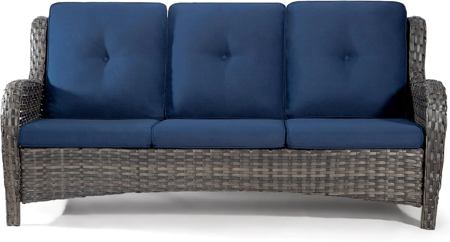 Outdoor Patio Couch Wicker Sofa - 3 Seater Rattan Sofa for Outside Patio Garden with Deep Seating and Olefin Cushions