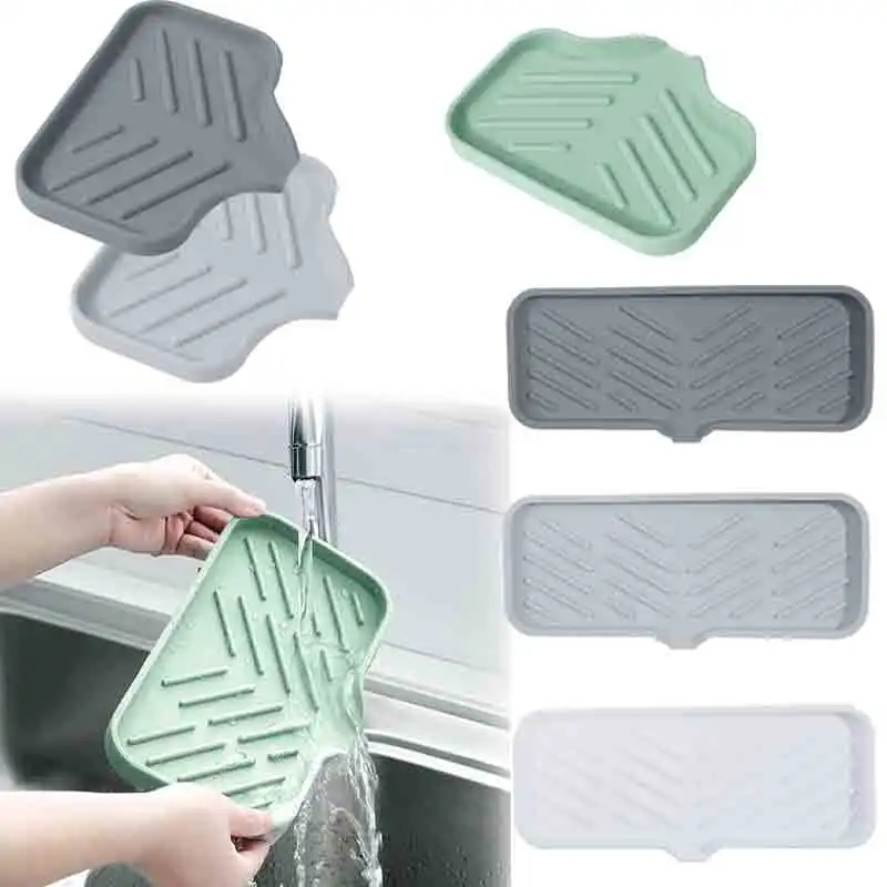 

Self Draining Soap Bar Holder Silicone Kitchen Sink Soap Dish Sponge Tray Counter Caddy Organizer for Dish Soap Dispenser