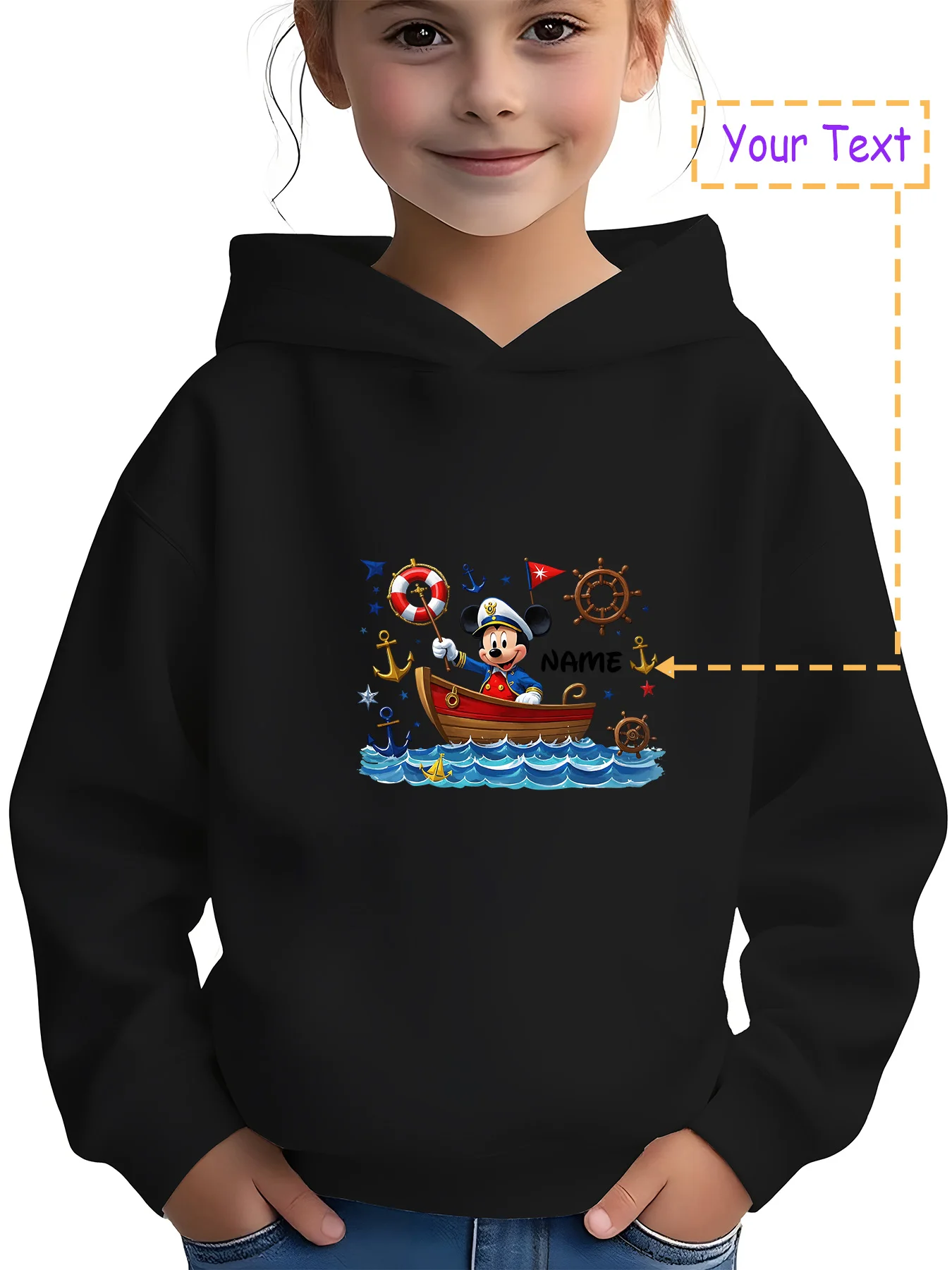

MINISO Disney Sailing Mickey Hoodie - Mickey driving a boat, with nautical elements such as anchor and steering wheel, suitable