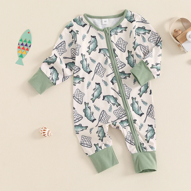 Baby Boy Girl Long Sleeve Romper Fish Print  Zipper Jumpsuits Unisex Newborn Autumn Clothes for 0-12Months