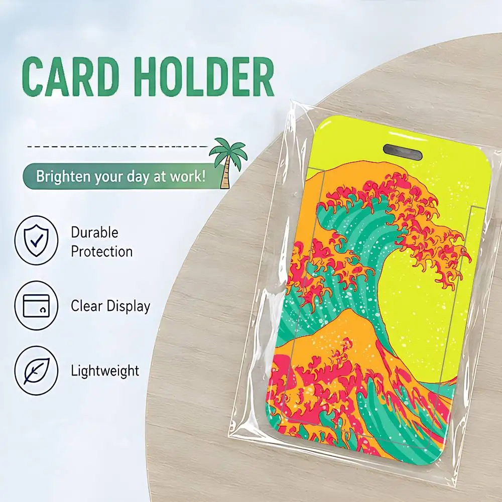 The Great Wave Off Kanagawa Sea Wave Cartoon ID Card Holder PVC Card Cover With Clear Window For Student Office Bus Card