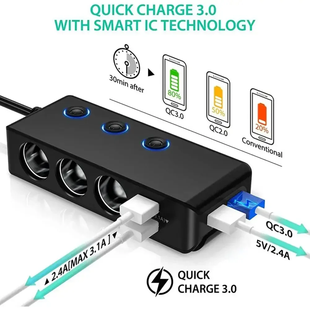 Car Charger Splitter 200W 3 Socket Cigarette Lighter Adapter with PD30W USB-C & QC3.0 Multi USB Car Charger DC Outlet(TR30)