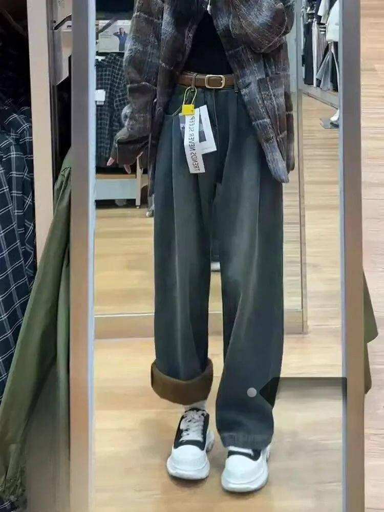 

Retro Large Size Cement Grey Denim Pants Women's Summer New Style Slim Straight Loose Thin Wide Leg Pants High Waist Zipper