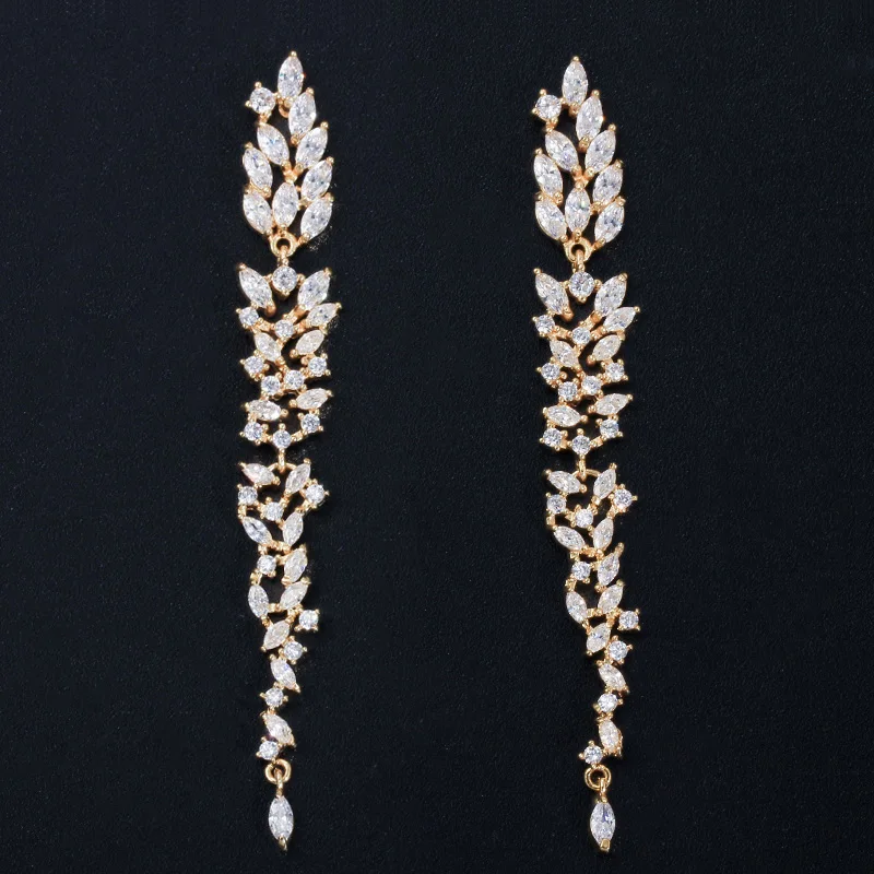 ThreeGraces Shining White Cubic Zirconia Gold Color Long Thin Dangle Drop Earrings for Women Fashion Bridal Party Jewelry E1416