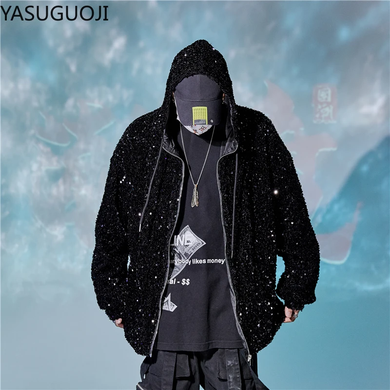 YASUGUOJI New 2024 Fashion Men\'s Sequined Jackets Bling Glitter Bomber Jacket Coat Hip Hop Tops Singer Nightclub Clothing Man