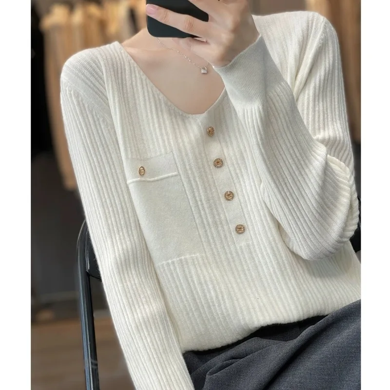 Faionable V-Ne-suéter de lana tejido para mujer, informal, holgado, largo, Color Sve, decorado con diamantes, ropa de abrigo Camere