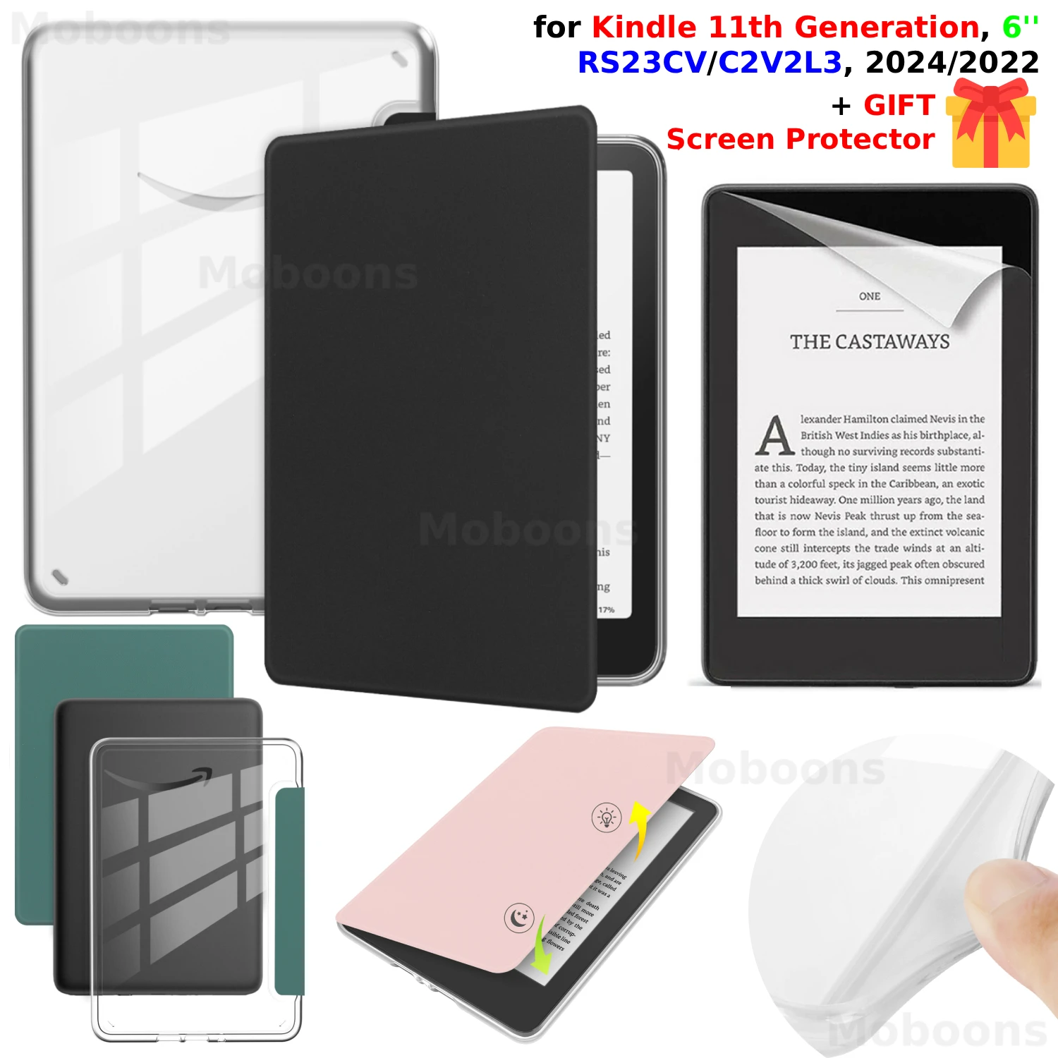 

For Kindle 11th Gen Case 6'' + Screen Protector Transparent Acrylic PU Leather Cover Sleep/Wake RS23CV/C2V2L3 2024/2022 Funda