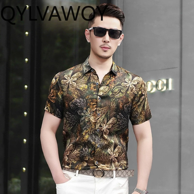 QYLVAWOY 92.5% Mulberry Silk Men's Shirts Short Sleeve Man Shirt Thin Shirts for Man Stylish Clothes Printed Summer Tops Premium