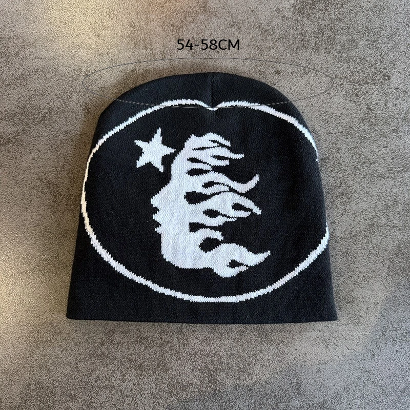Unisex Flammen-Stern-Jacquard-Strickmütze Hip-Hop Streetwear Skull Cap für Männer und Frauen Herbst Winter Warme Modische Grafik-Strickmütze – Detail 6
