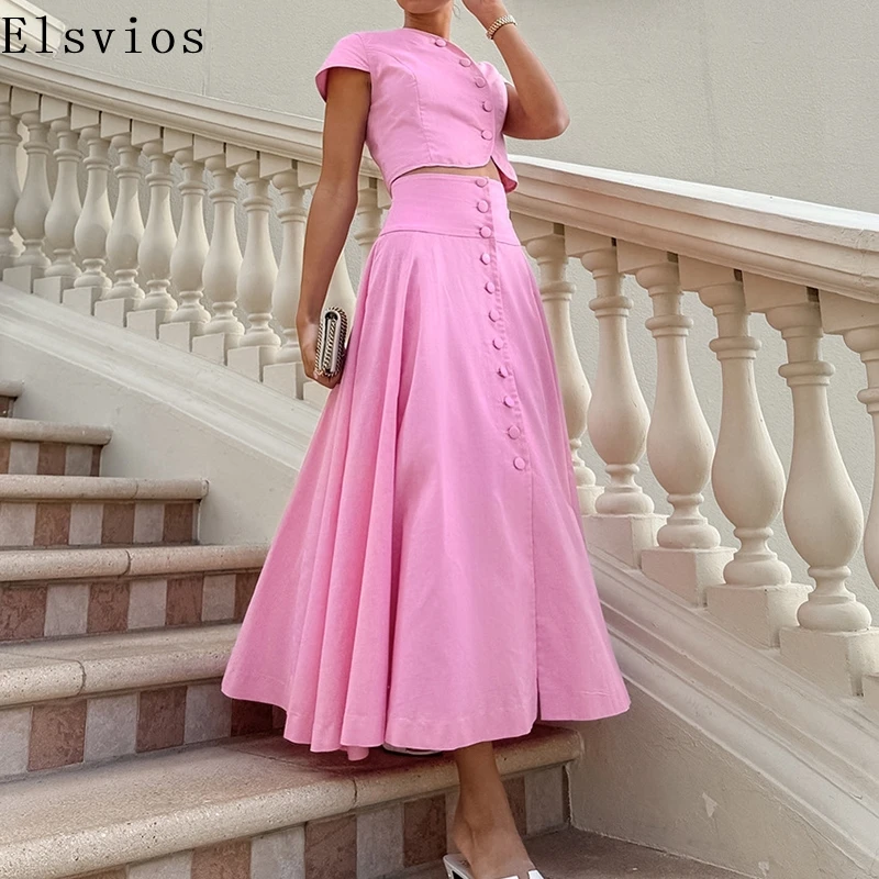 

Women Fashion Button High Waist Two Piece Suits Casual Short Sleeve Solid Party Sets Elegant O-neck Top and Long Skirts Outfits
