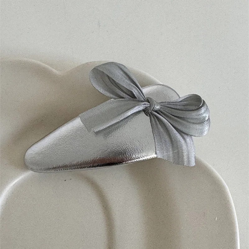 Silver Leather Fabric Hair Bow Hairpin For Women Girls Ribbon Hair Clips Black White Bow Top Clip Female Hair Accessories