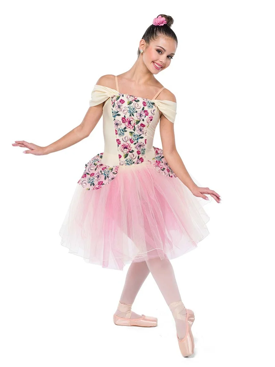 floral-print-patchwork-beige-back-pink-cross-puffy-skirt-long-pants-jazz-performance-outfit