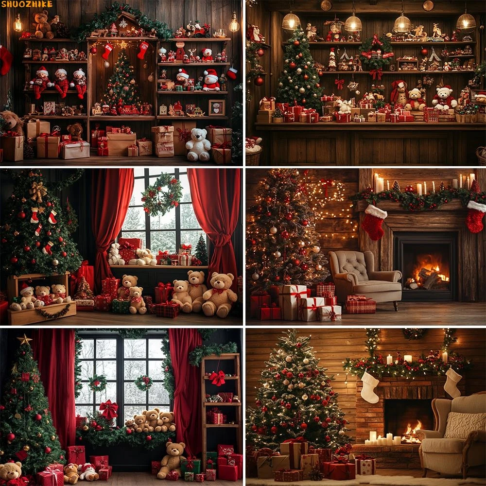 

Christmas New Year Clock Decor Backdrop Photography Vintage Xmas Trees Gifts Snow Winter Indoor Photo Studio Background UI-25