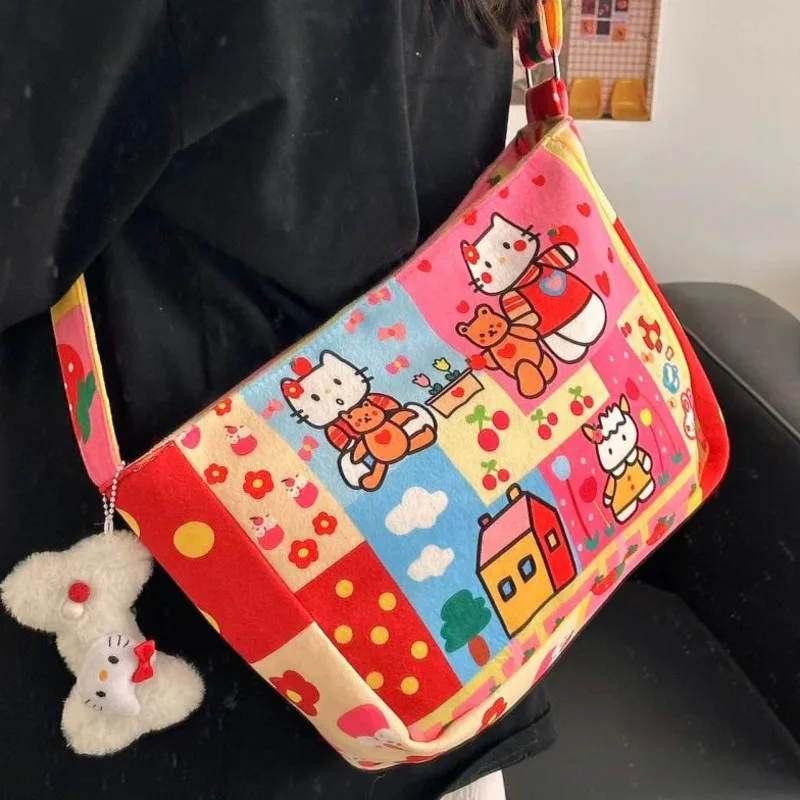 Miniso Hellokitty Canvas Crossbody Bag Cute Cartoon KT Print Shoulder Bag Zipper Japanese Bag College Student Red Bag Girl Gifts