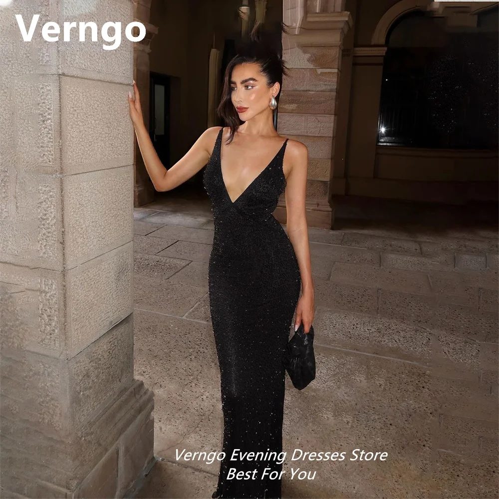 

Verngo Black Glitter Party Dress Women Sexy Evening Dress Deep V Neck Spaghrtti Straps Prom Gowns Floor Length Formal Dress