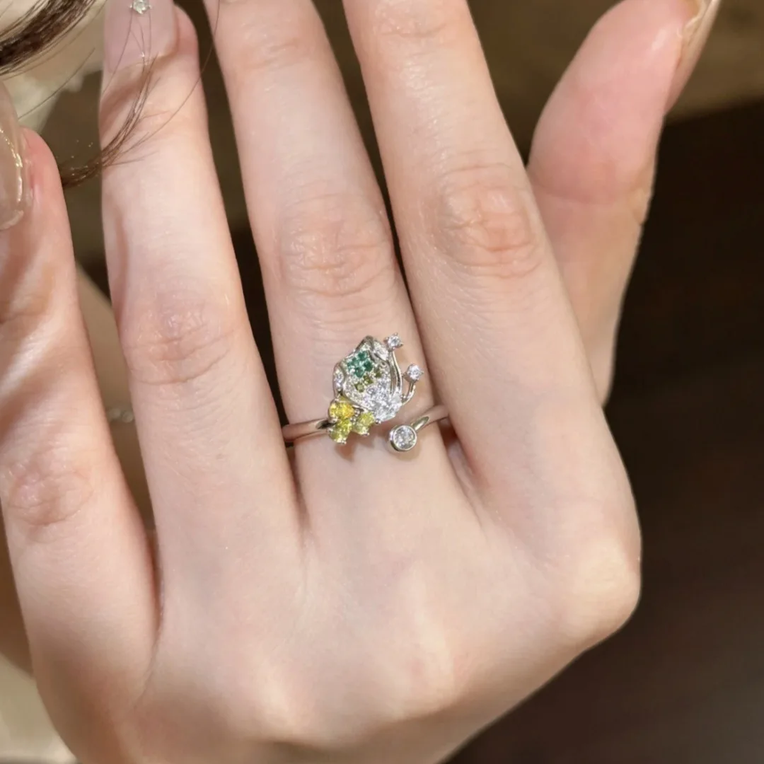 Vintage pastorale style diamond studded butterfly flower rings for women light luxury ring adjustable wedding jewelry gifts