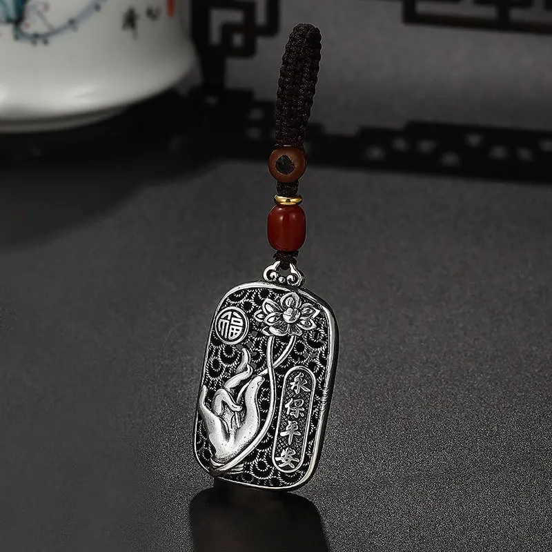 Tibetan Silver God of Wealth Buddha's Hand Lotus Wealth Key Chain Pendant High-end Men's Token Pendant Car Key Chain Pendant Gif