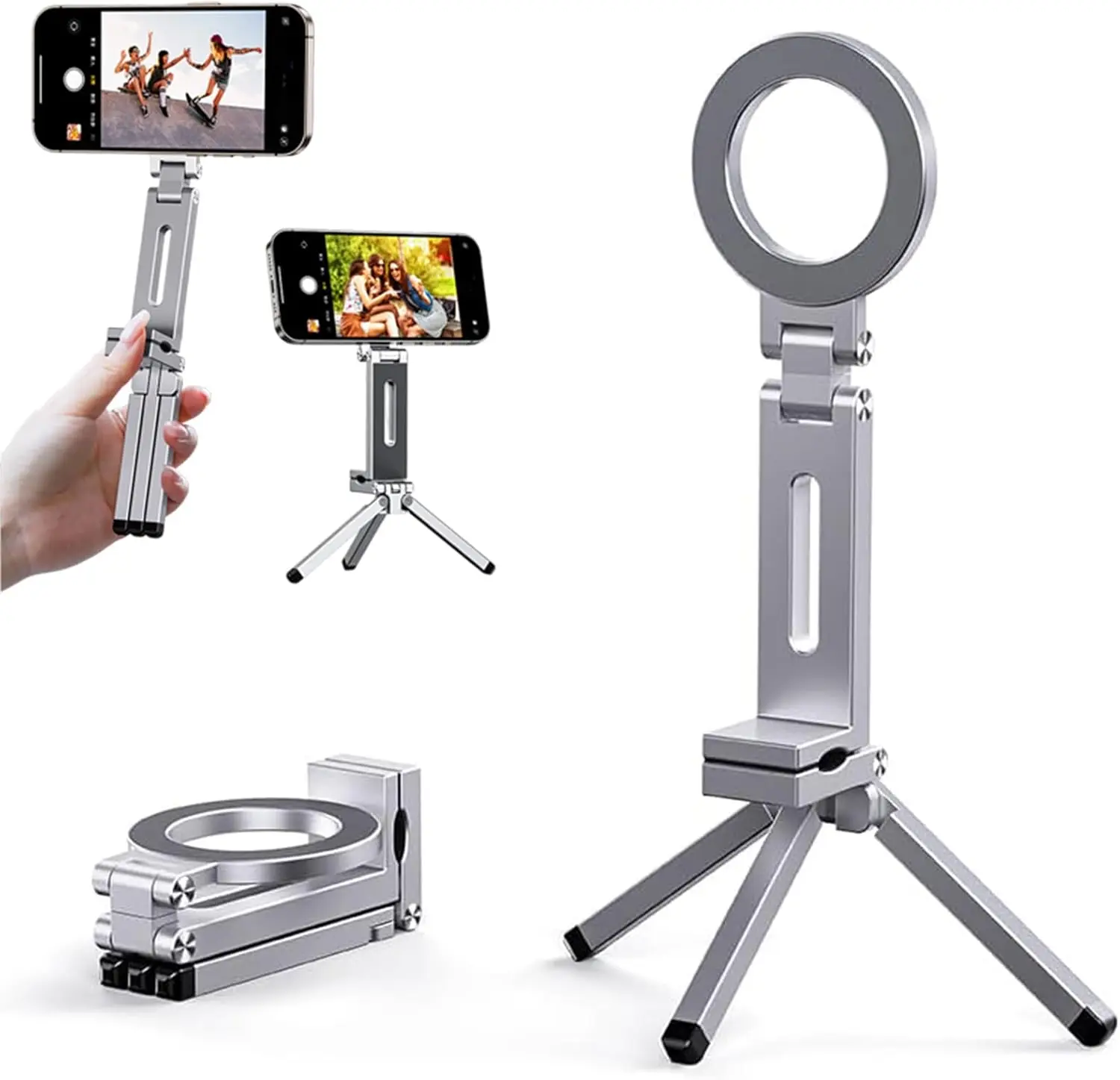 Foldable Magnetic Phone Tripod Holder, 360° Rotating Portable Stand For iPhone Samsung Travel Video Shooting Desk Plane /Train