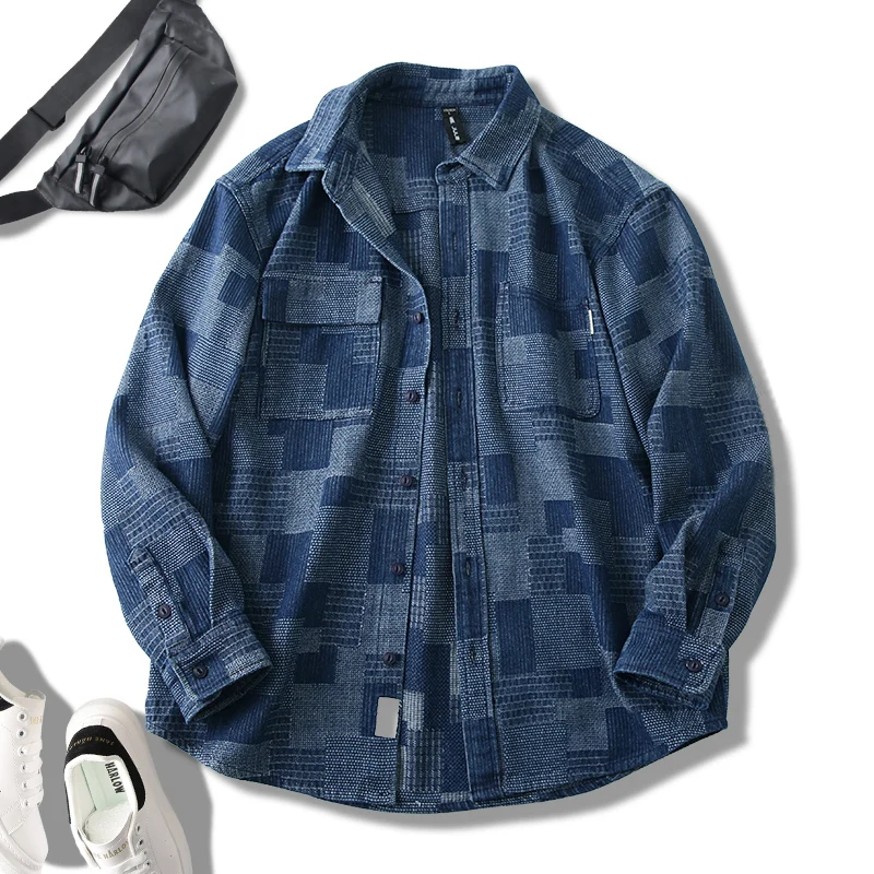 

Men's Casual Plaid Long Sleeve Loose Fit Denim Shirt Jacket Trendy Japanese Style Vintage Blue Cotton Polyester Blend