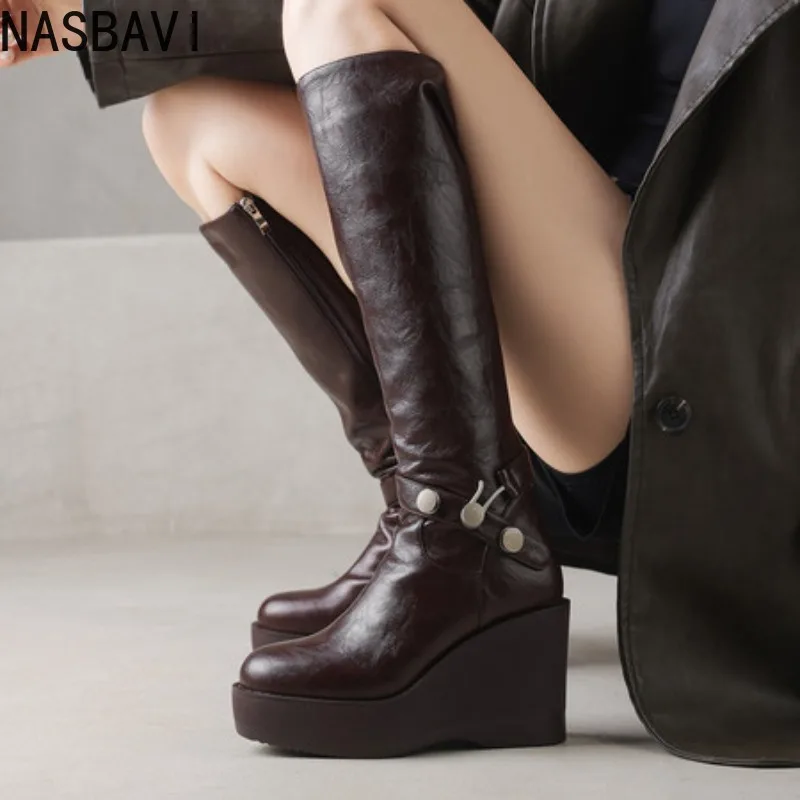

NASBAVI Fashion Women Knee High Boots Round Toe Full Zip Up Platform Wedges Faux Leather Height Increase Shoes Woman Big Size 42